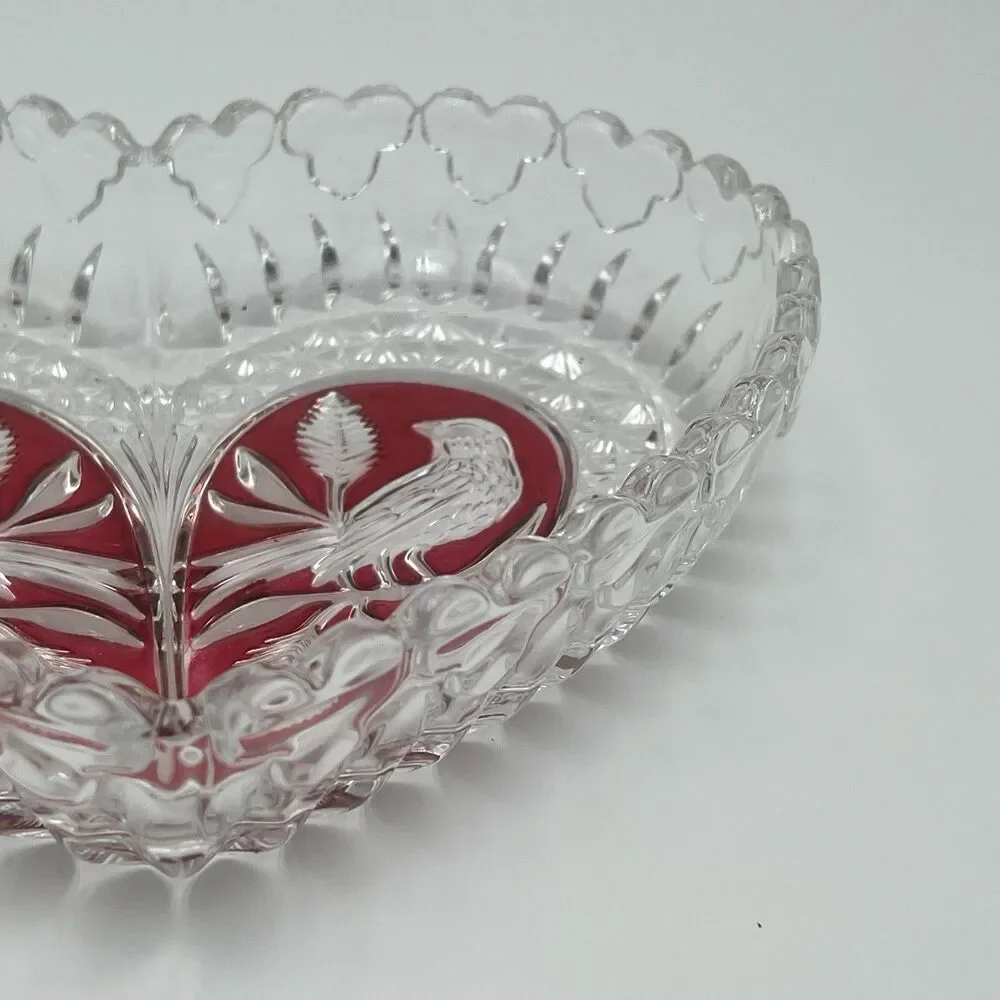 Rare Vintage Hofbauer Ruby‎ Crystal Heart Bird Dish